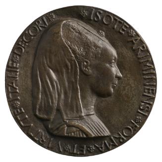 Bronze portrait medal of Isotta degli Atti wearing a veil over her hair in profile to the right