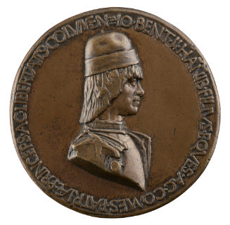 Bronze portrait medal of Giovanni II Bentivoglio wearing a round hat and armor in profile to th…