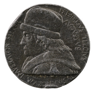 Lead portrait medal of Frederick III wearing a round hat with a heavy coat, in profile to the l…