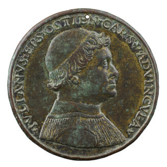 Bronze portrait medal of Giuliano delle Rovere wearing a round hat in profile to the right