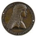 Bronze portrait medal of Maximilian I of Burgundy with long, curling hair, in profile to the ri…