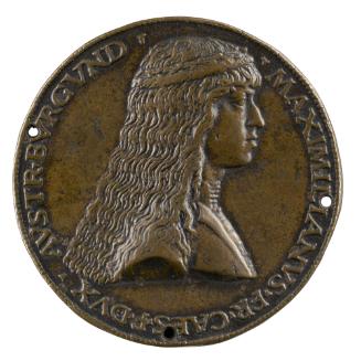 Bronze portrait medal of Maximilian I of Burgundy with long, curling hair, in profile to the ri…