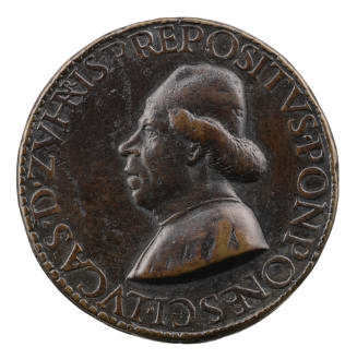 Bronze portrait medal of Luca de Zuhari with a prominent double chin, in profile to the left