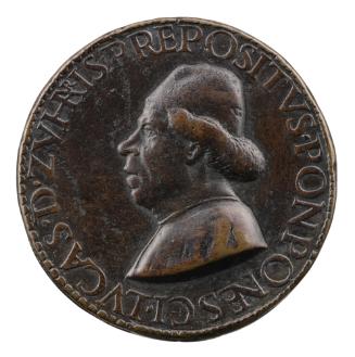 Bronze portrait medal of Luca de Zuhari with a prominent double chin, in profile to the left