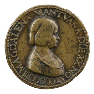 Bronze portrait medal of Maddalena Mantuana in profile to the right