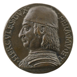Bronze portrait medal of Ercole d'Este wearing a round cap, with a large nose and prominent dou…