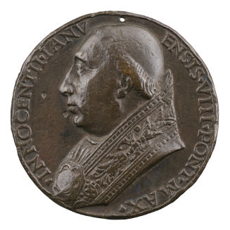 Bronze portrait medal of Giovanni Battista Cibo, Pope Innocent VIII, with a tonsure and papal r…