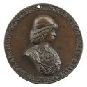 Bronze portrait medal of Francesco III Gonzaga wearing armor and a round hat in profile to the …