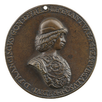 Bronze portrait medal of Francesco III Gonzaga wearing armor and a round hat in profile to the …