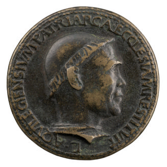 Bronze portrait medal of Ludovico Scarampi wearing a tonsure, in profile to the right