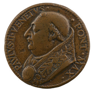 Bronze portrait medal of Pope Paul II wearing papal robes, with a tonsure, prominent nose, and …