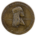 Bronze medal of Ferdinand of Aragon, with a round cap and long hair, in profile to the right