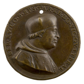 Bronze medal of Bernardo de Rossi wearing a round cap and a hooded cloak, in profile to the rig…