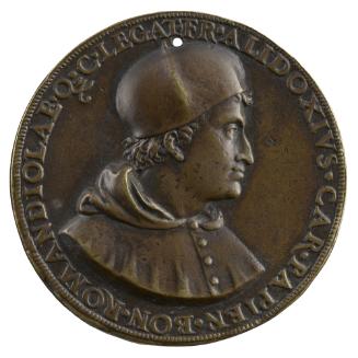 Bronze medal of Francesco degli Alidosi wearing a round cap and a hooded cloak, buttoned up the…