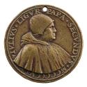 Bronze medal of Giuliano della Rovere, Pope Julius II wearing a round hat and a hooded robe but…