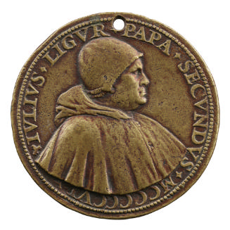 Bronze medal of Giuliano della Rovere, Pope Julius II wearing a round hat and a hooded robe but…