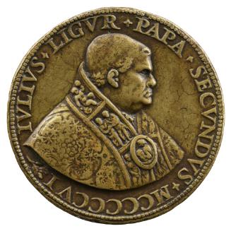 Bronze medal of Giuliano della Rovere, Pope Julius II wearing papal robes in profile to the rig…