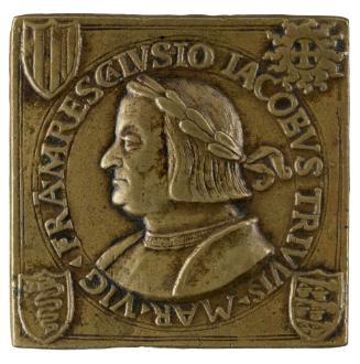 Square bronze medal of Giangiacomo Trivulzio, laureate, in armor, in profile to the right, with…