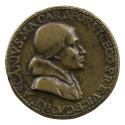 Bronze portrait medal of Ascanio Maria Sforza wearing a round cap and a hooded robe, in profile…