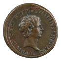 Bronze self-portrait medal of Vittore Gambello nude, with curly hair, in profile to the right