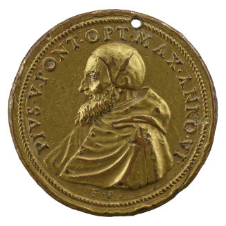 Gilt bronze portrait medal of Antonio Ghislieri, Pope Pius V, wearing a round cap and hooded ro…