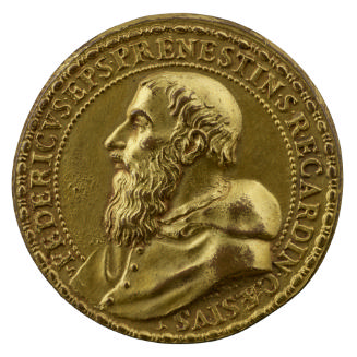 Gilt bronze portrait medal of Cardinal Federico Cesi, bearded, with a tonsure, wearing a hooded…