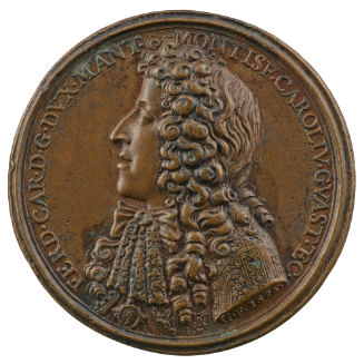 Bronze portrait medal of Federico Carlo Gonzaga in elaborate seventeenth century dress and wig,…
