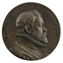 Bronze portrait medal of Apollonio Menabeni wearing a ruff, bearded, in profile to the right