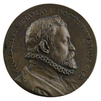 Bronze portrait medal of Apollonio Menabeni wearing a ruff, bearded, in profile to the right