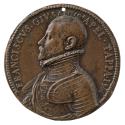 Bronze portrait medal of Francesco Giusani, bearded, wearing armor, a ruff and a sash over his …