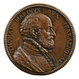 Bronze portrait medal of Tommaso Marino wearing a high-collared doublet buttoned up the front w…