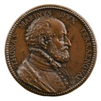 Bronze portrait medal of Tommaso Marino wearing a high-collared doublet buttoned up the front w…