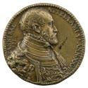 Bronze portrait medal of Annibale Attellami bearded, wearing richly decorated armor and a ruff,…