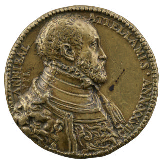 Bronze portrait medal of Annibale Attellami bearded, wearing richly decorated armor and a ruff,…
