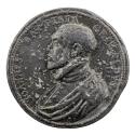 Lead portrait medal of Giambattista Grimaldi wearing a high-collared doublet buttoned up the fr…