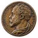 Bronze portrait medal of Girolamo Figino with curly hair and beard, in profile to the left; pea…