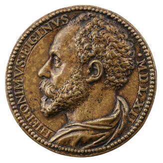 Bronze portrait medal of Girolamo Figino with curly hair and beard, in profile to the left; pea…