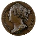 Bronze portrait medal of Elisabetta Querini, her hair curled and bound in a loose bun, in profi…