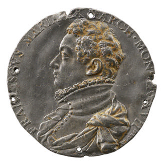 Lead portrait medal of Francesco Maria del Monte wearing a high-collared doublet buttoned up th…