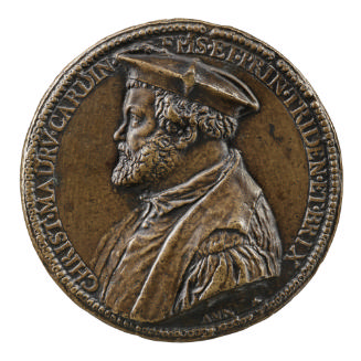 Bronze portrait medal of Cardinal Cristoforo Madruzzo wearing a flat cap, bearded, in profile t…