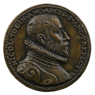 Bronze portrait medal of Niccolo Todini wearing armor and a large ruff, bearded, in profile to …