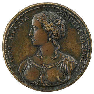 Bronze medal of Helen of Troy wearing a sheer diaphanous gown through which her breasts are vis…