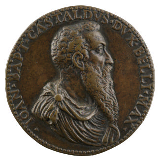 Bronze portrait medal of Giovanni Battista Castaldo with a long, pointed beard and a draped rob…