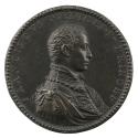 Bronze portrait medal of Francesco de' Medici in armor, with drapery gathered over his right sh…