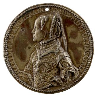 Bronze portrait medal of Queen Mary Tudor of England, wearing a high-collared brocade gown fast…