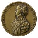 Bronze portrait medal of Maria of Austria wearing a high-collared robe, a large pendant, drop e…