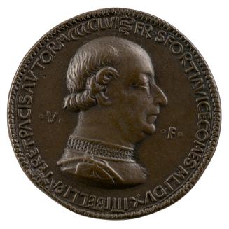 Bronze portrait medal of Francesco I Sforza, balding, with a double chin, in armor, in profile …