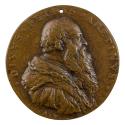 Bronze portrait medal of Pietro Aretino wearing a large fur robe and a chain, with a long, full…