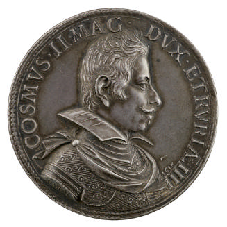 Silver portrait medal of Cosimo II de' Medici wearing armor and large square collar, with a mus…