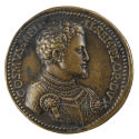 Bronze portrait medal of Cosimo I de' Medici in armor in profile to the right; pearled border